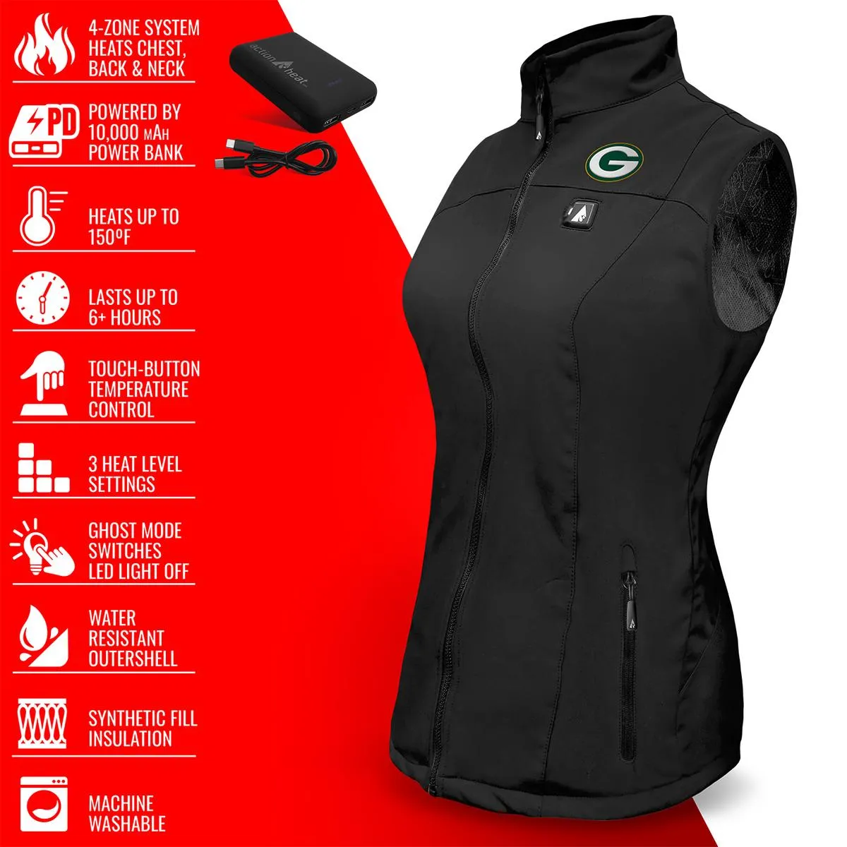 ActionHeat Green Bay Packers 5V Women's Softshell Battery Heated Vest