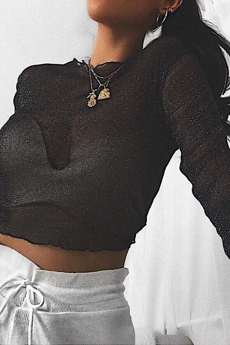 Black Glitter Mesh Long Sleeve Crop Top - Akila