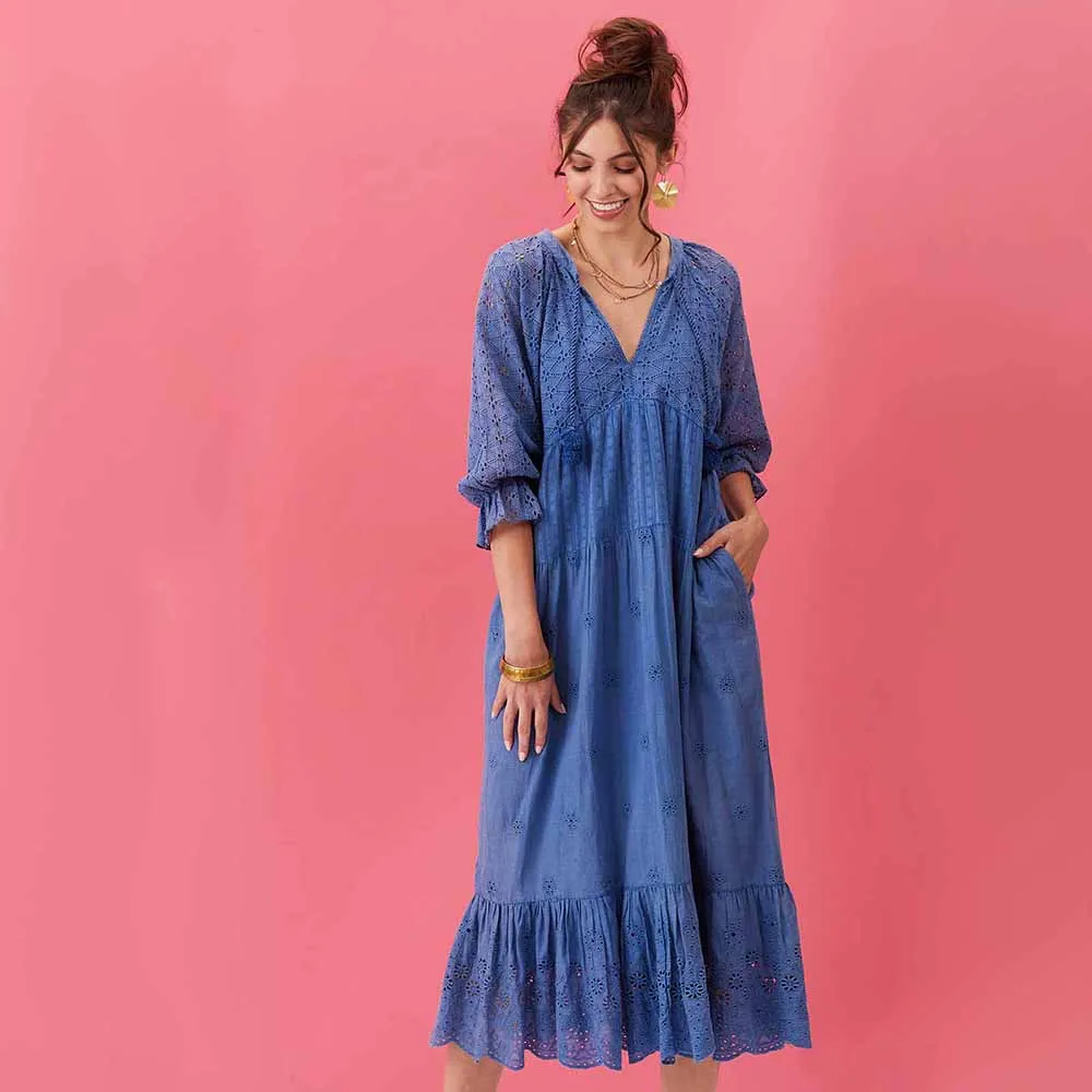 Blue Eyelet Long Tiered Dress