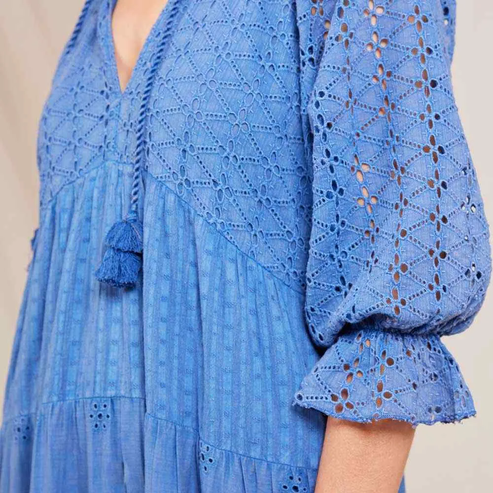 Blue Eyelet Long Tiered Dress