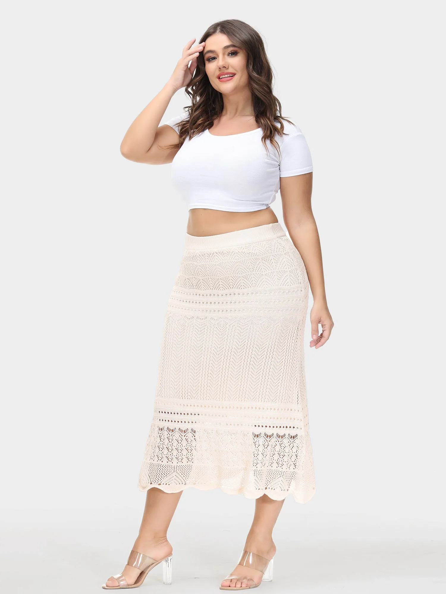 Crocheted Hollow Knit Hip-Wrap Midi Skirt