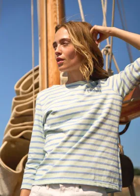 GALATHEE II - Breton Striped Top with ¾ Sleeve | Soft Cotton | Women Fit (ALOE VERA / DENIM)