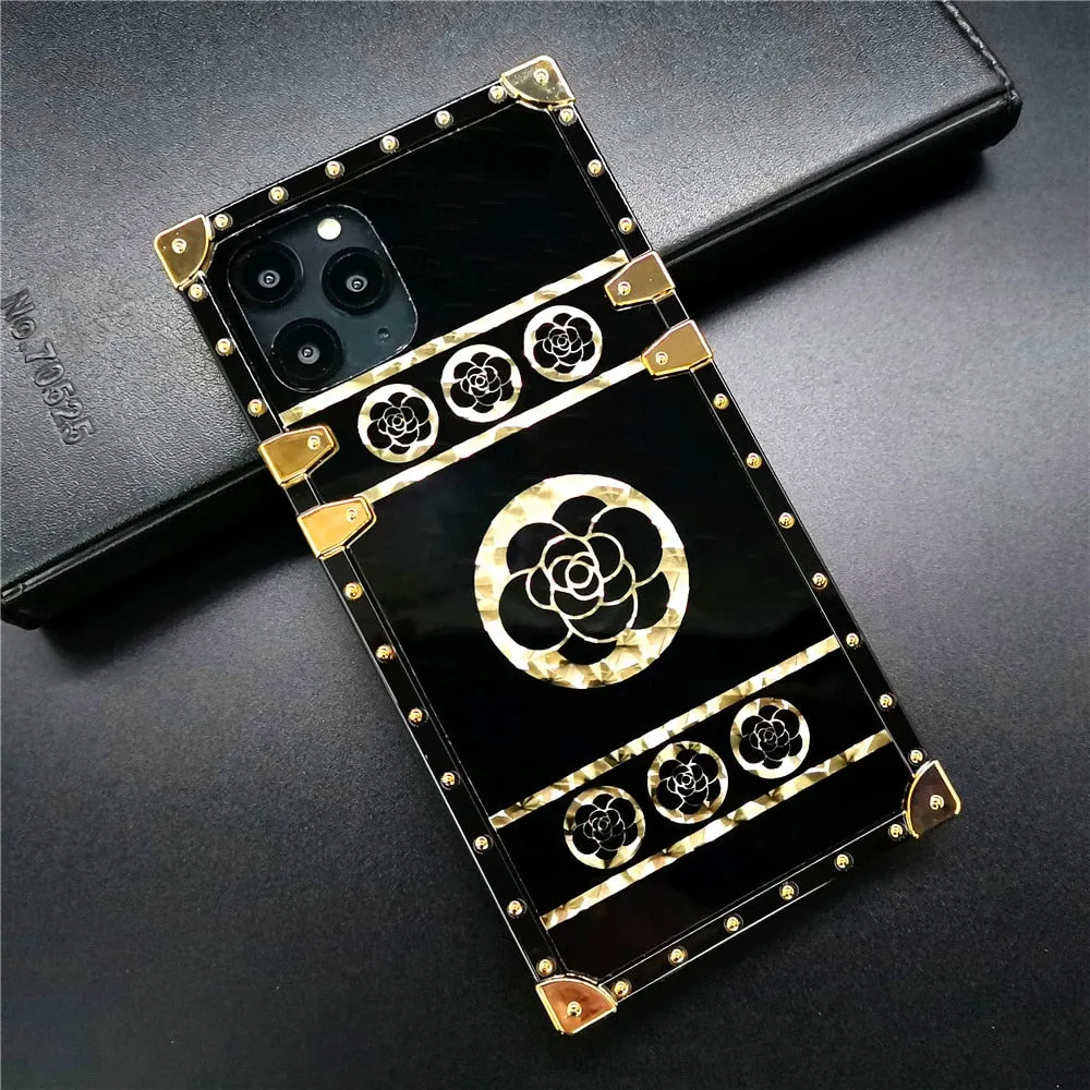 Glitter Flower Case for iphone 14 PRO 13 PRO MAX 11 12 PRO MAX Gold Square Cover for Samsung S21 Ultra S22 Plus S10 S20 Note 20