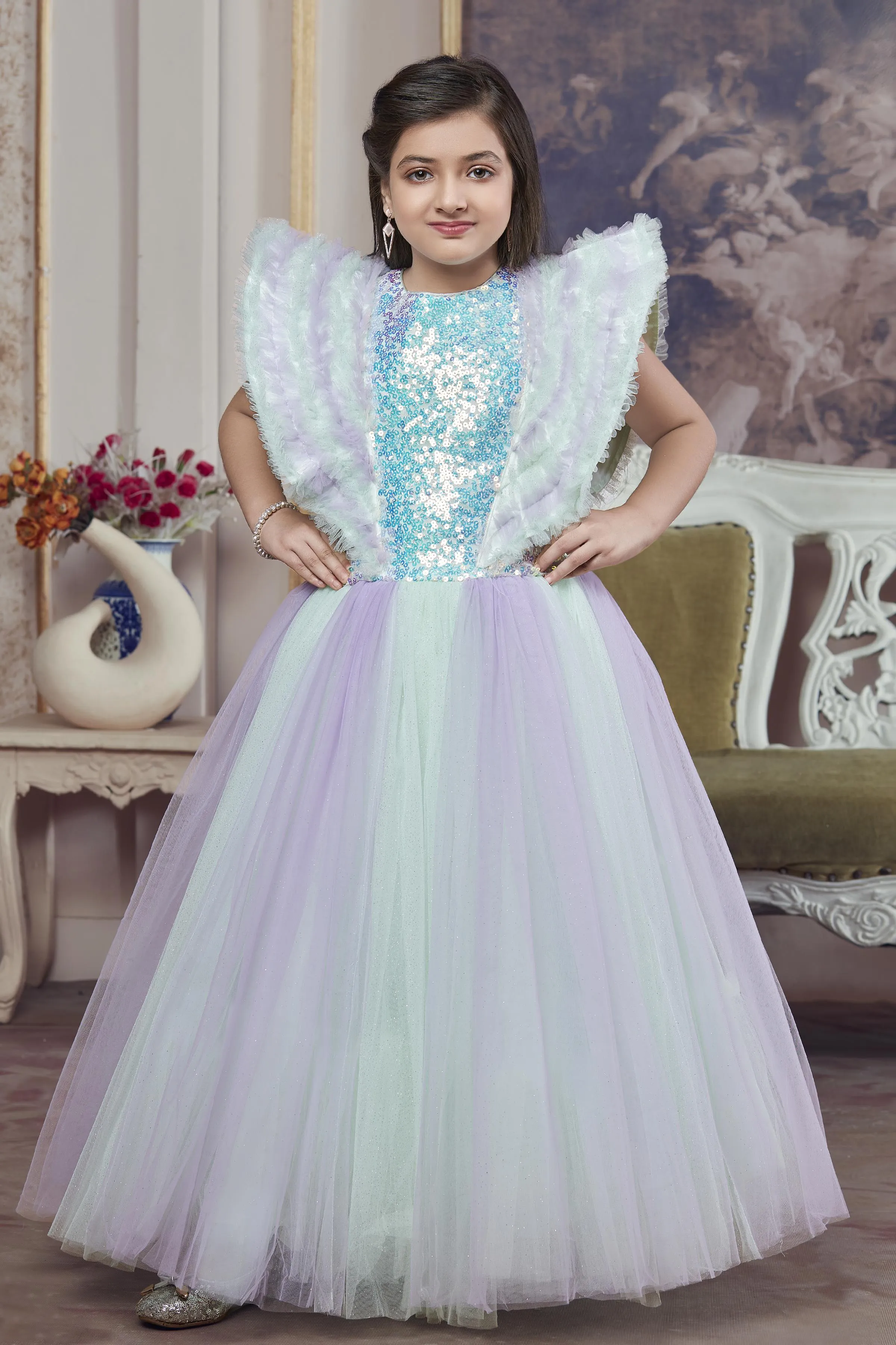 Green with Lavender Sequins and Glitter work Long Party Gown for Girls