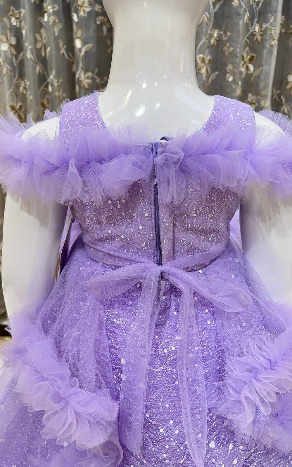 Lavender Glitter work Long Party Frock for Girls