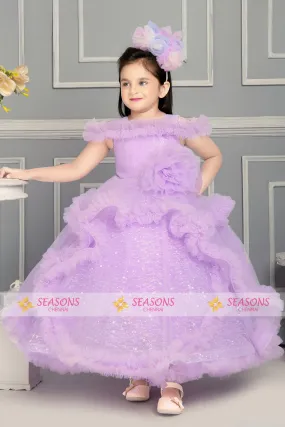 Lavender Glitter work Long Party Frock for Girls