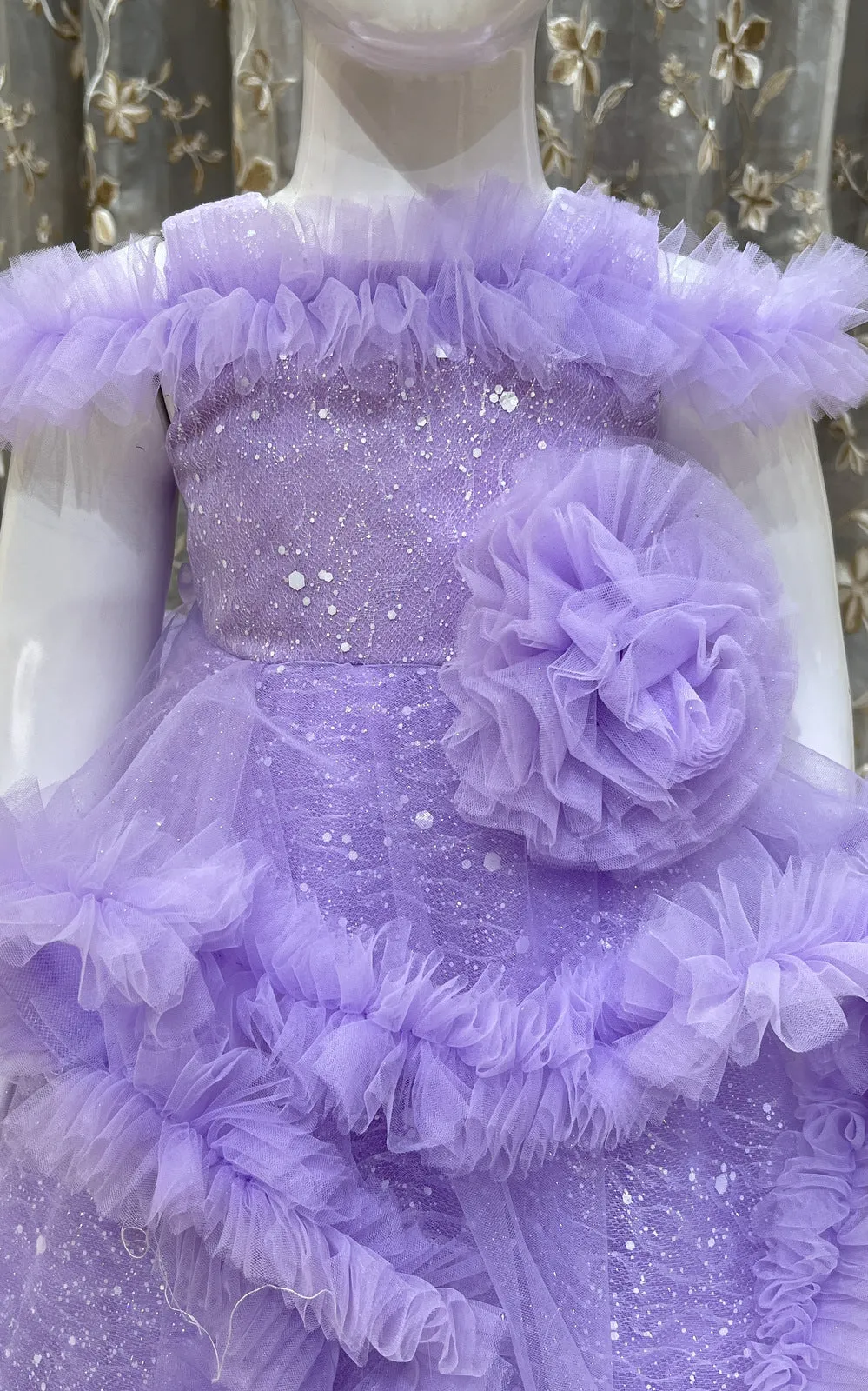 Lavender Glitter work Long Party Frock for Girls