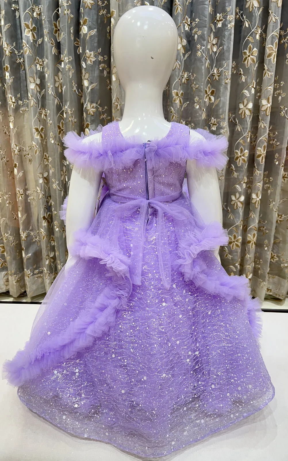 Lavender Glitter work Long Party Frock for Girls