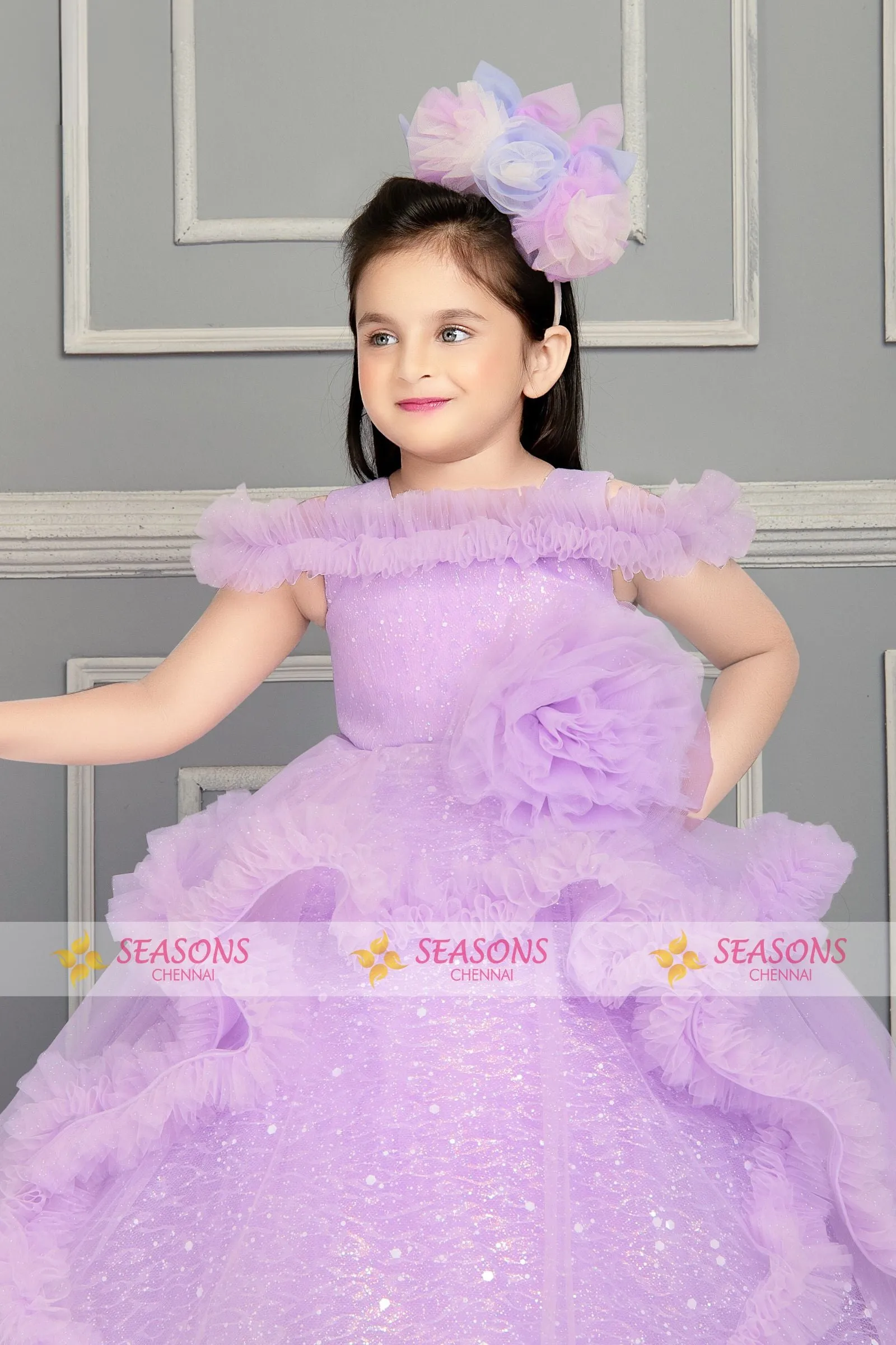 Lavender Glitter work Long Party Frock for Girls