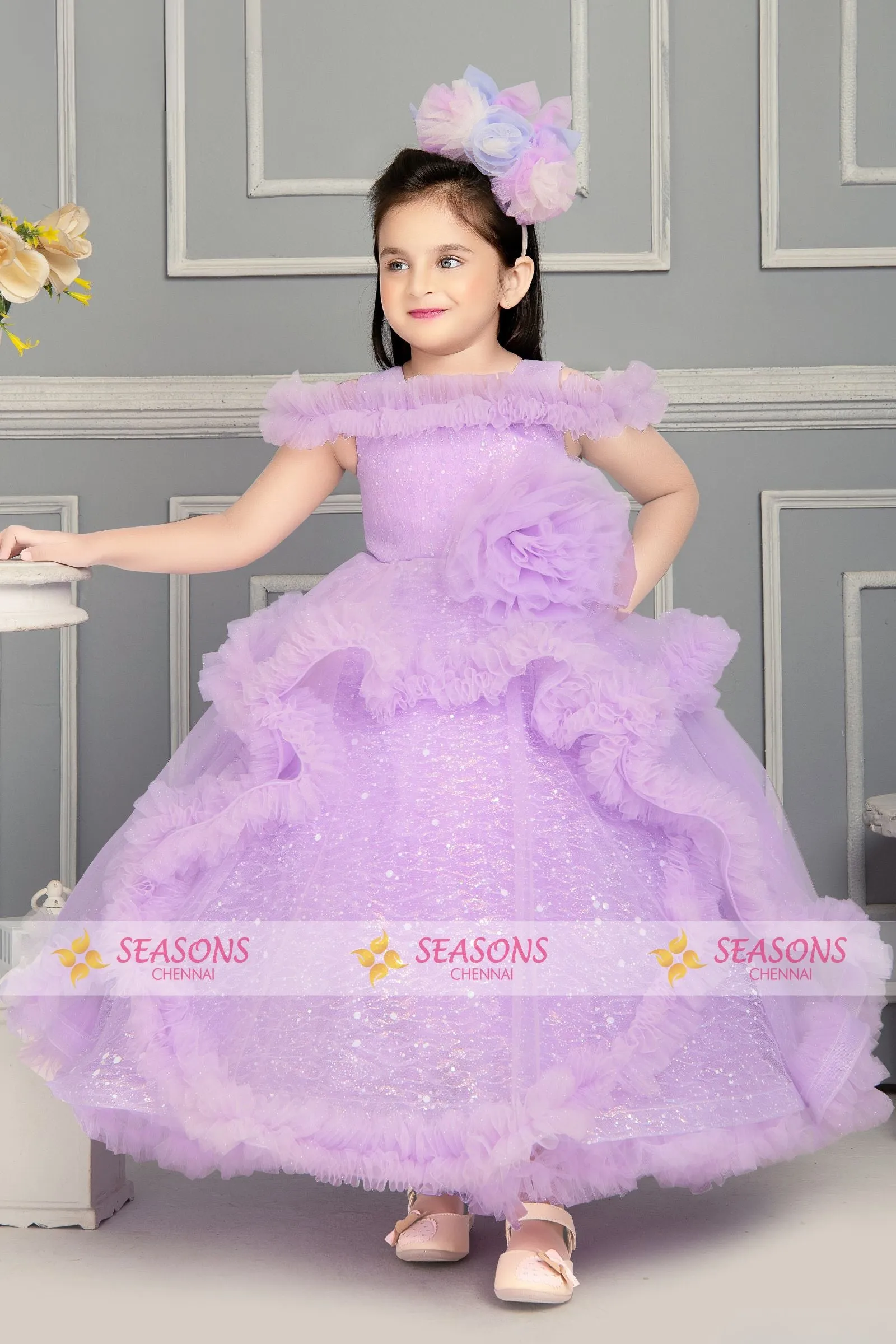 Lavender Glitter work Long Party Frock for Girls