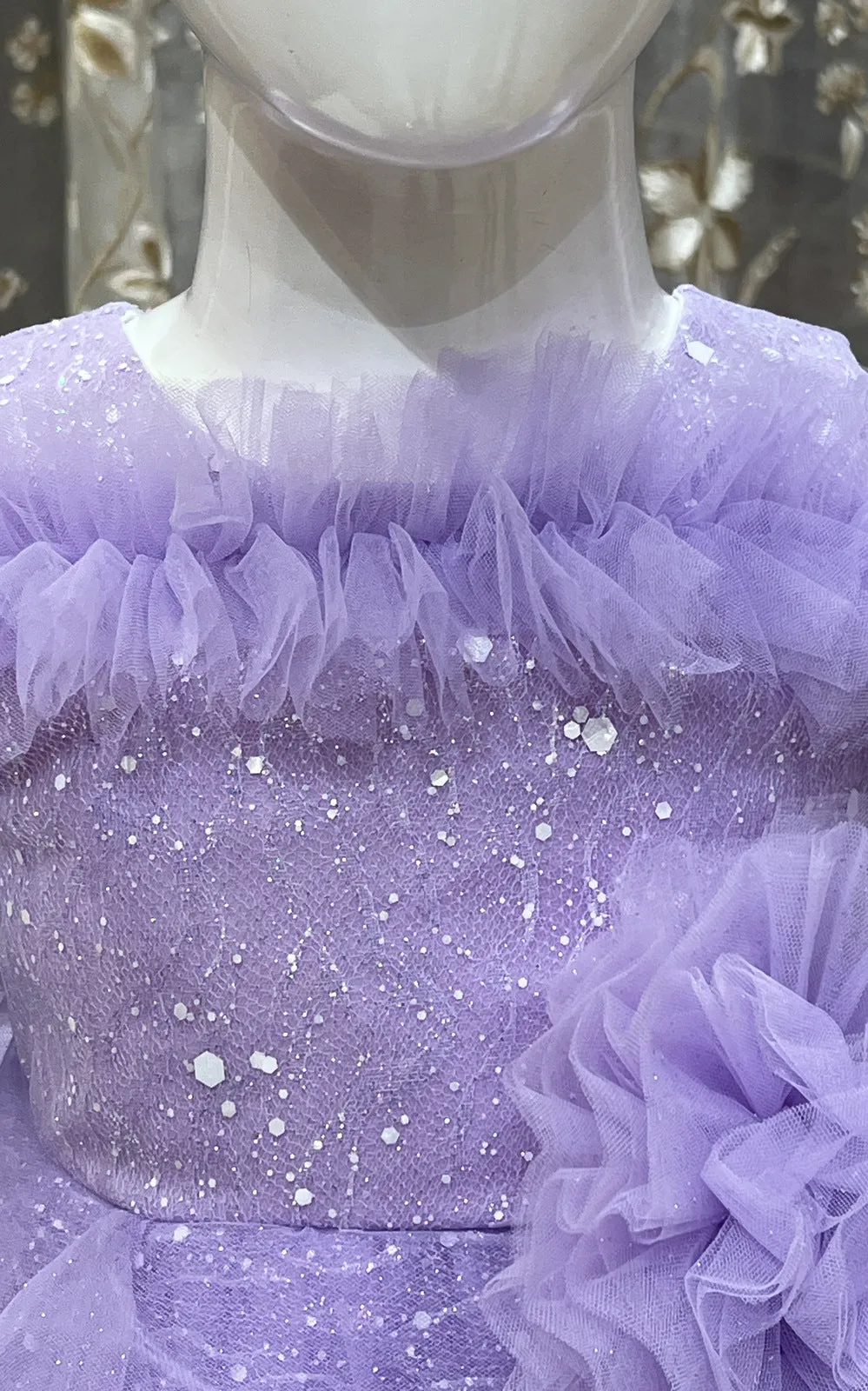 Lavender Glitter work Long Party Frock for Girls