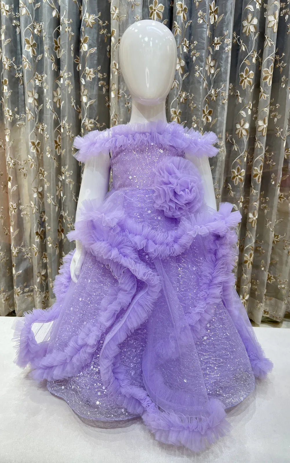 Lavender Glitter work Long Party Frock for Girls