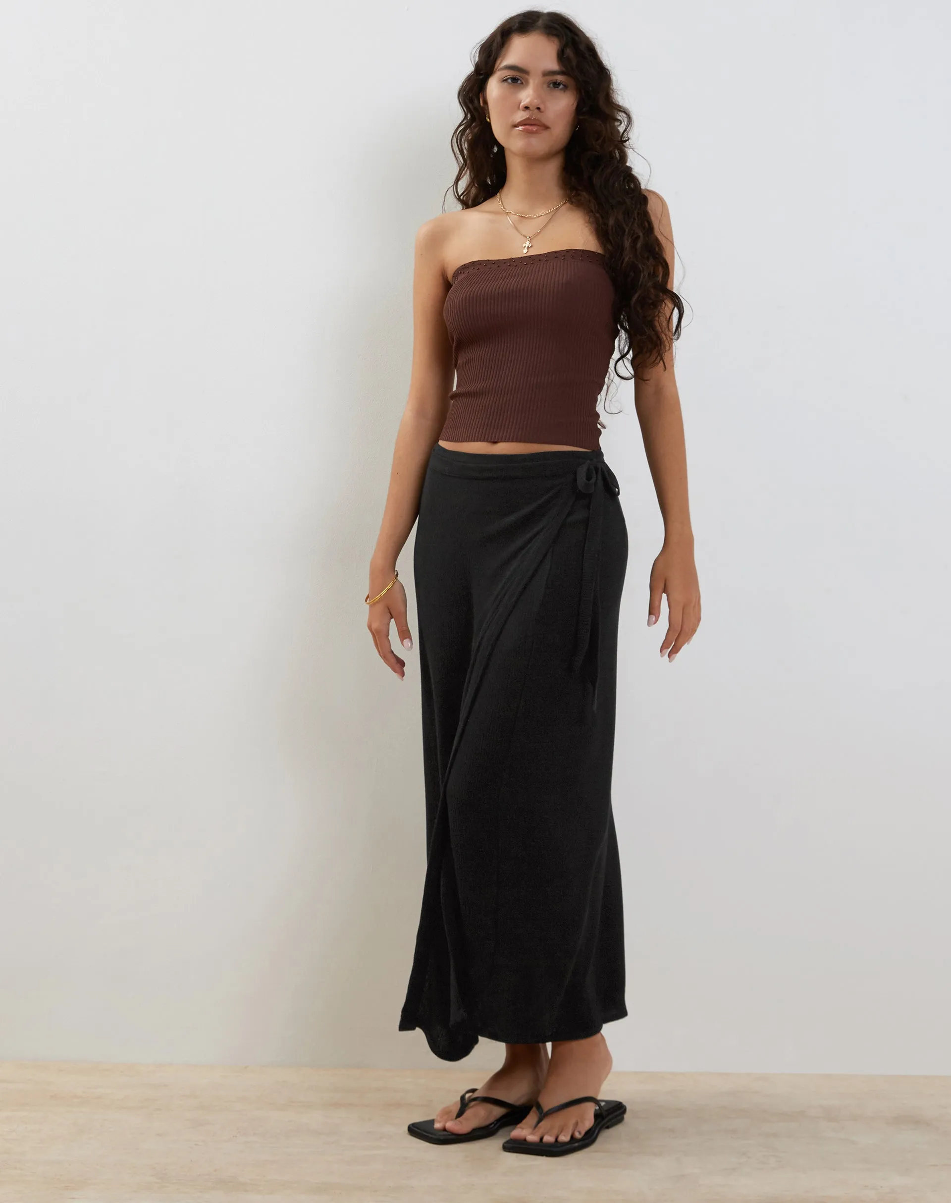 Peria Maxi Wrap Skirt in Black Crinkle