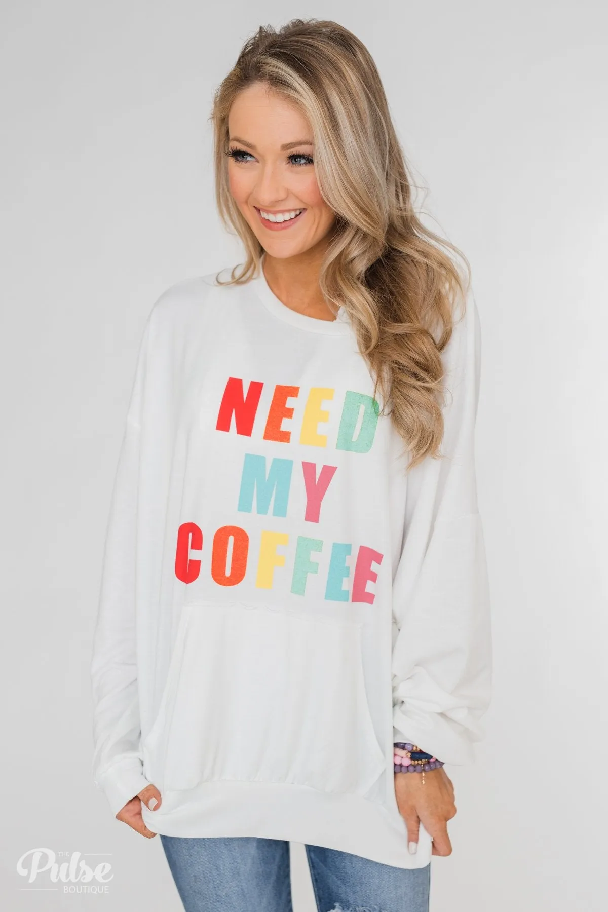 "Need My Coffee" Long Sleeve Pullover- Off White