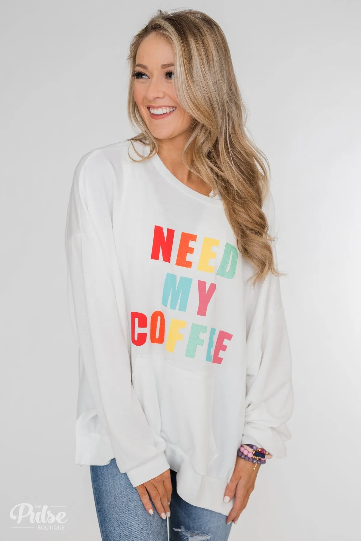 "Need My Coffee" Long Sleeve Pullover- Off White