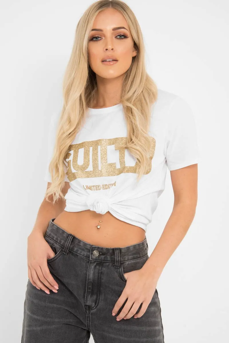 White Gold Glitter Guilty Slogan T-Shirt - Javonna