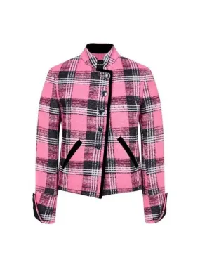 Women s Velvet Trim Checked Single Jacket Pink